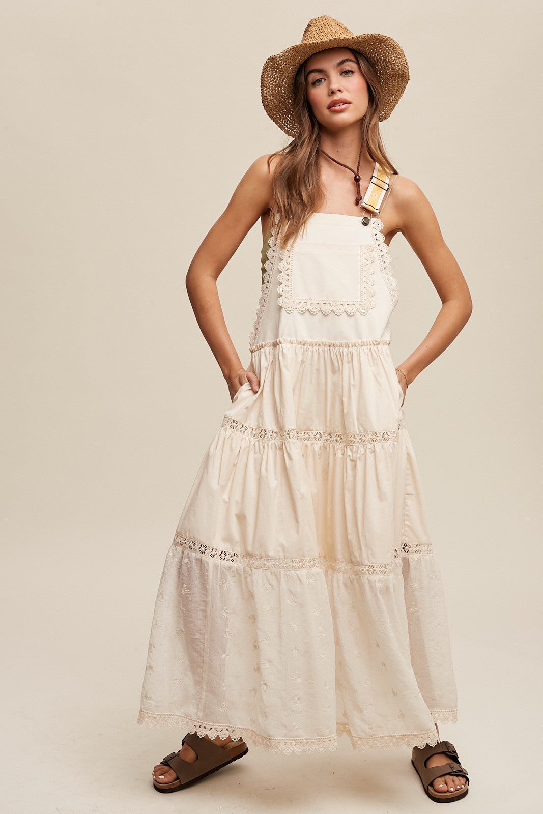 Romantic Lace Tiered Overall Maxi Dress Clothing Listicle   