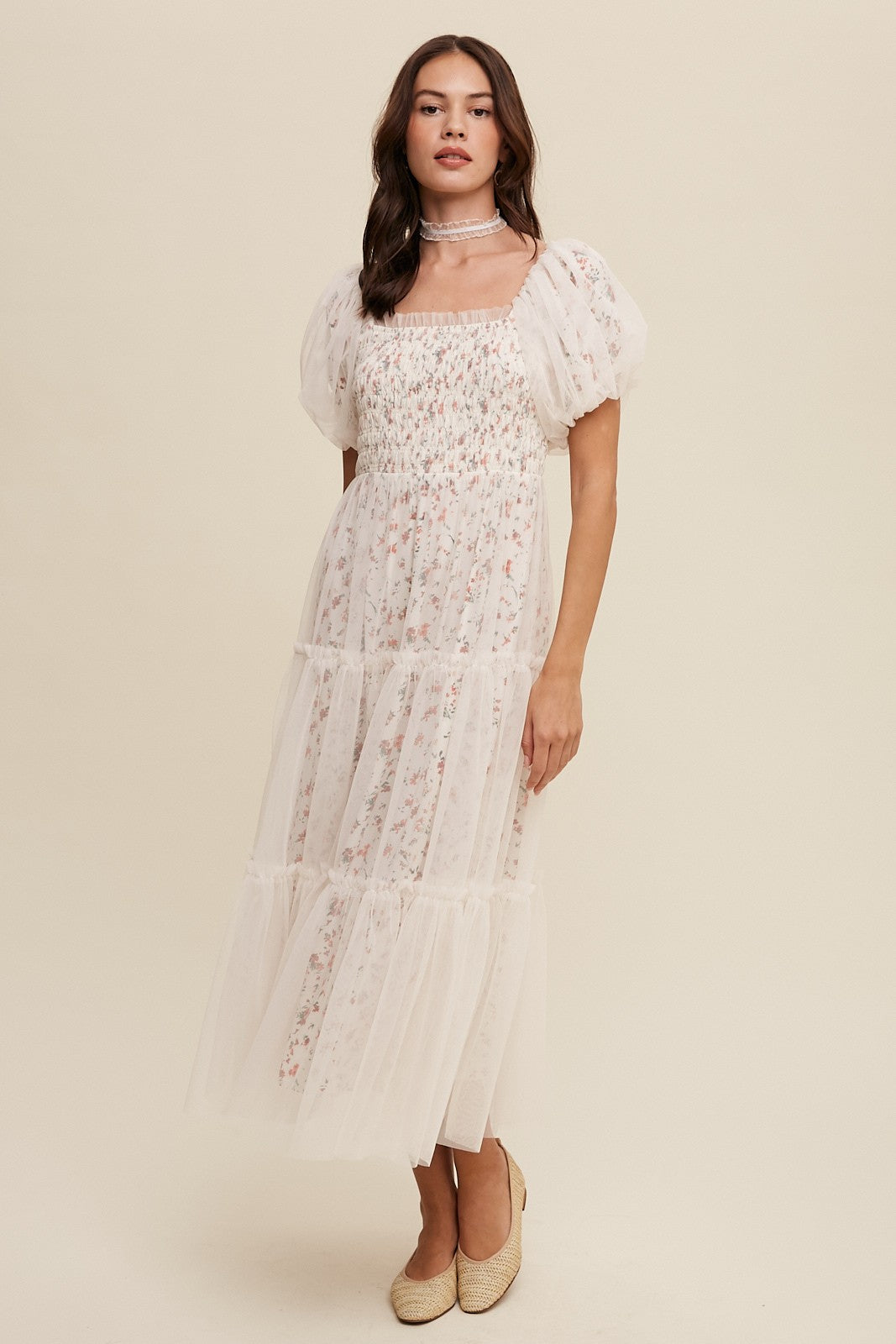 Floral Mesh Puff Sleeve Maxi Dress Clothing Listicle   