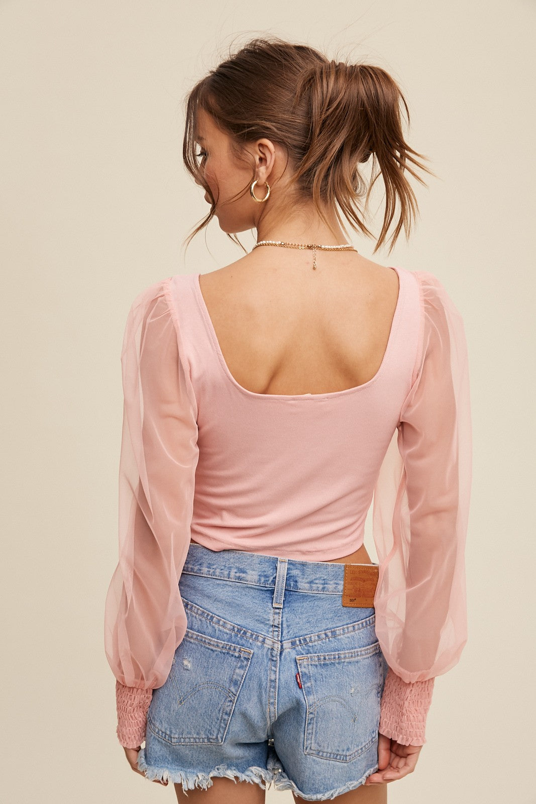 Mesh Puff Sleeve Knit Top Clothing Listicle   