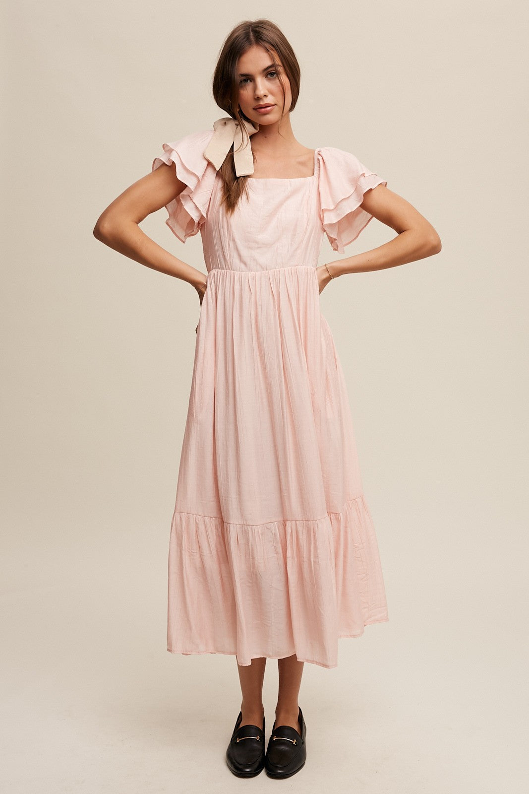 Square Neck Ruffled Short Sleeve Maxi Dress Clothing Listicle   