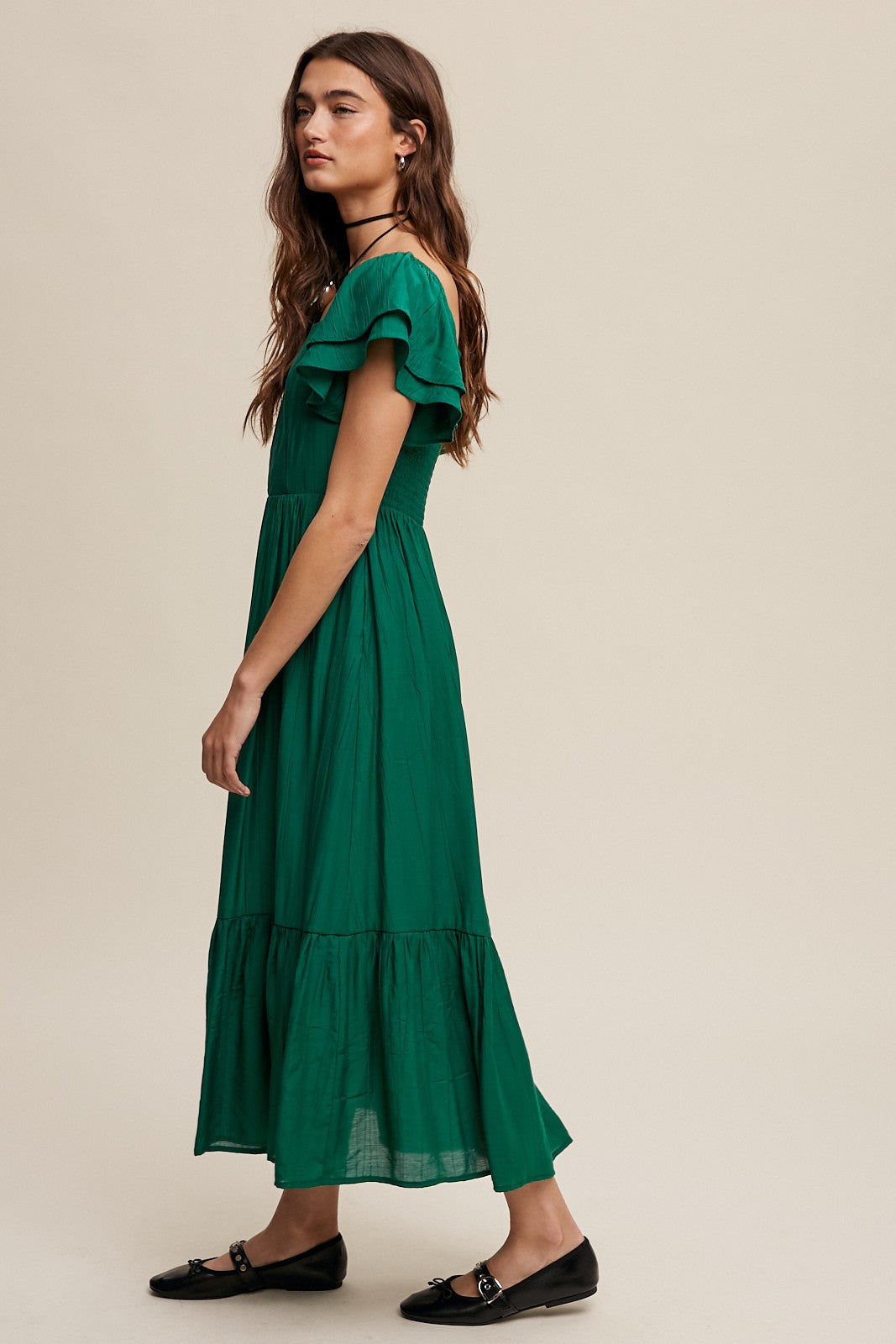 Square Neck Ruffled Short Sleeve Maxi Dress Clothing Listicle Dark Spring Green S 