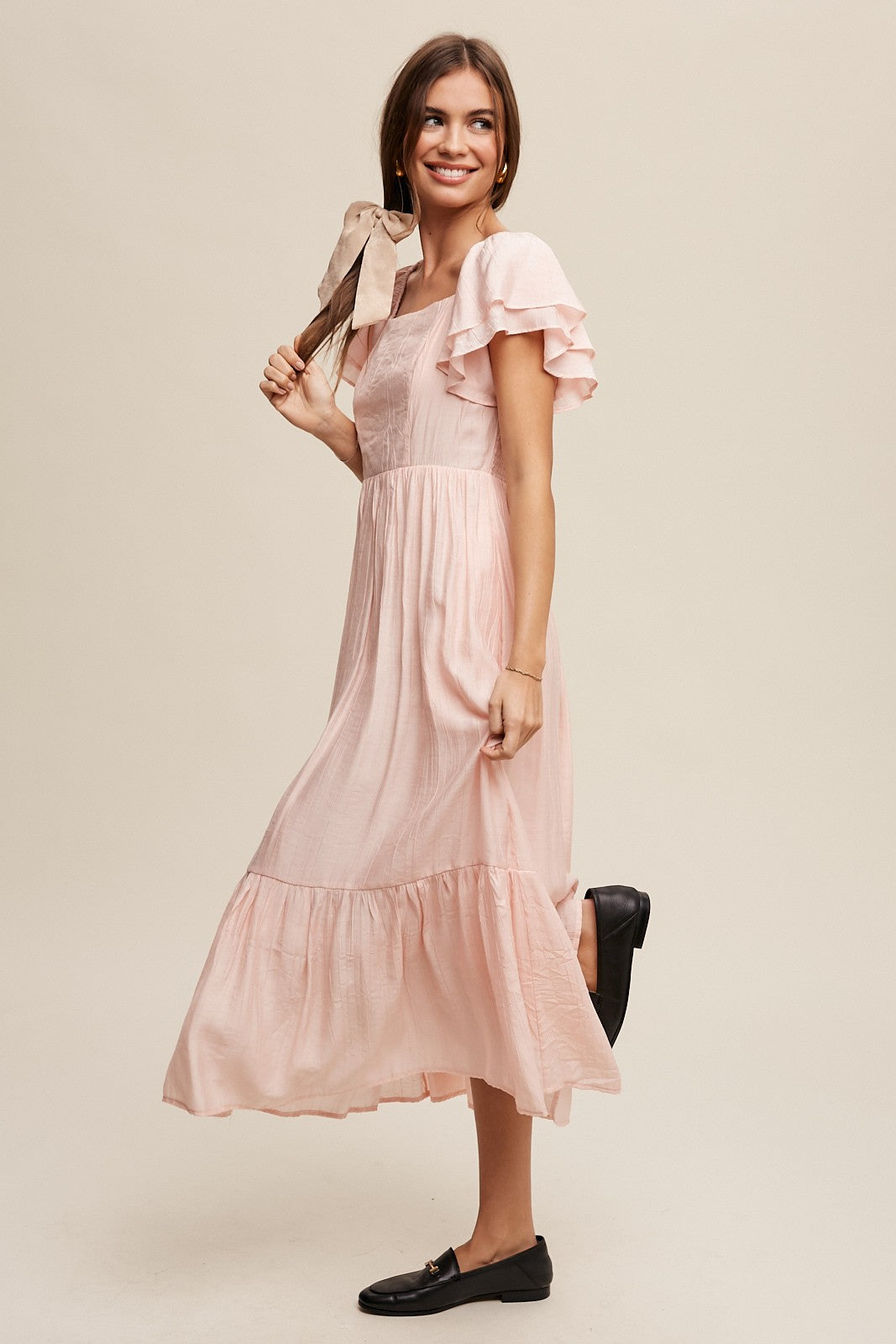 Square Neck Ruffled Short Sleeve Maxi Dress Clothing Listicle Peach Blush S 