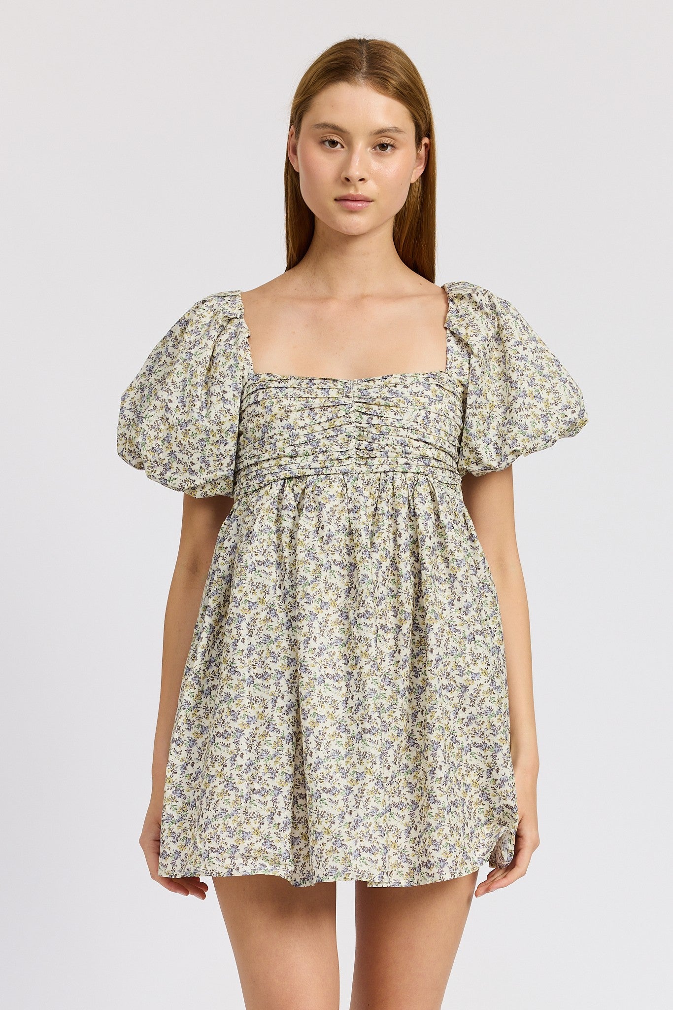 Ruched Mini Dress with Puff Sleeves Clothing Emory Park NAVY LIME FLORAL S 