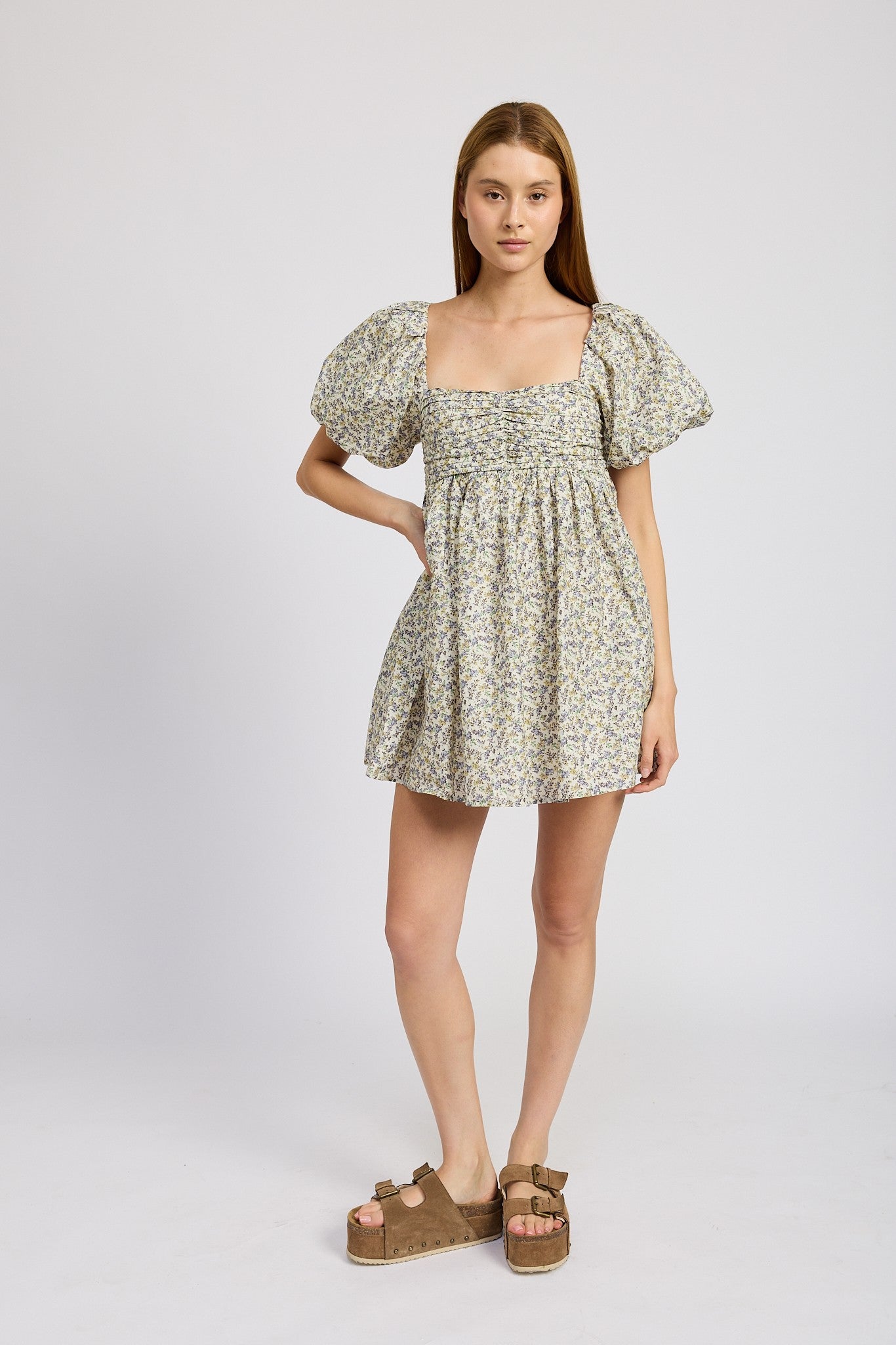 Ruched Mini Dress with Puff Sleeves Clothing Emory Park   