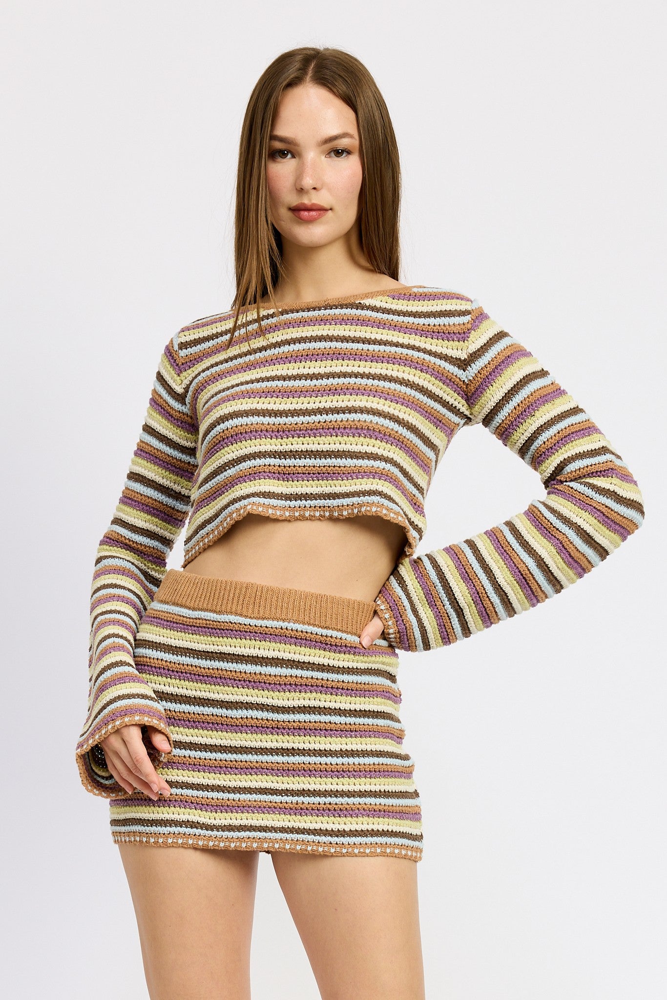 Striped Crochet Top with Bell Sleeves Clothing Emory Park   