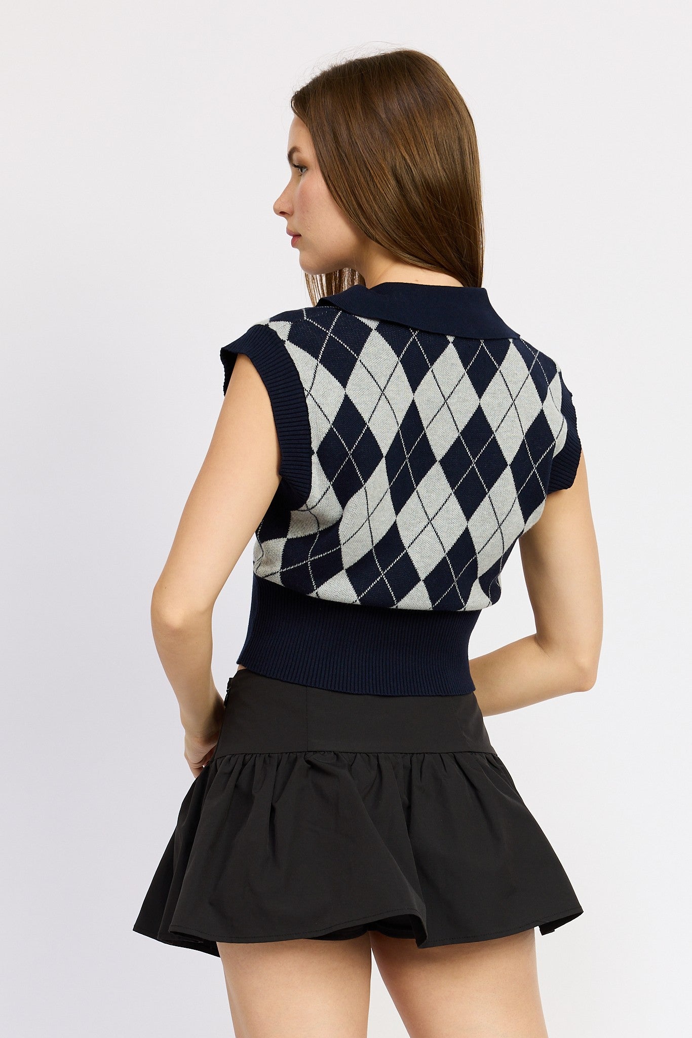 Argyle Cropped V-Neck Knit Vest Clothing Emory Park   