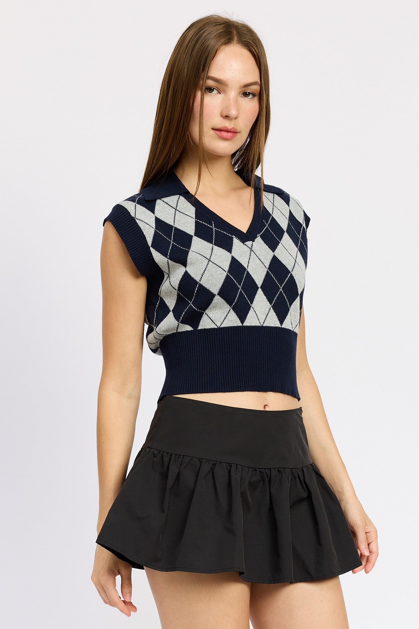 Argyle Cropped V-Neck Knit Vest Clothing Emory Park   