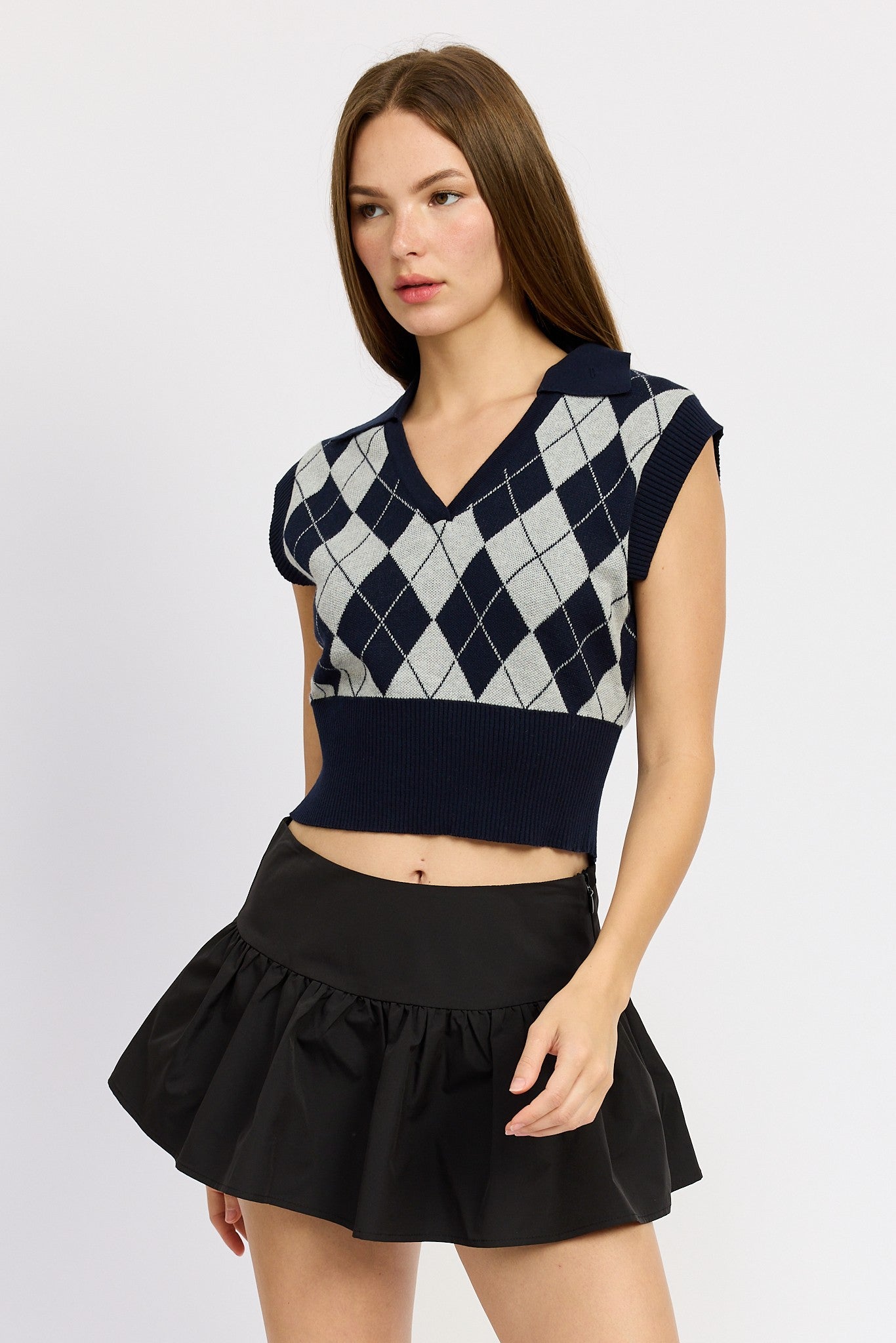 Argyle Cropped V-Neck Knit Vest Clothing Emory Park   