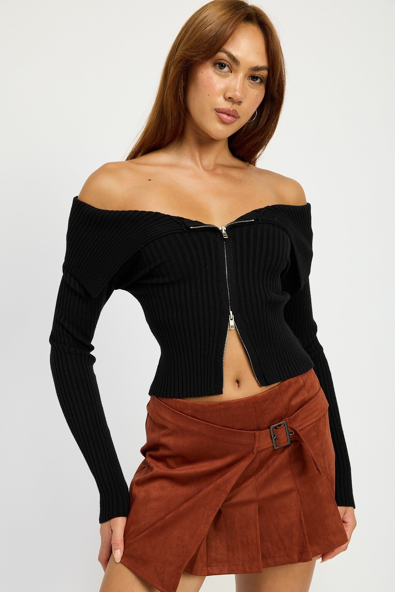 Bardot Zip Front Shoulder Top Clothing Emory Park   