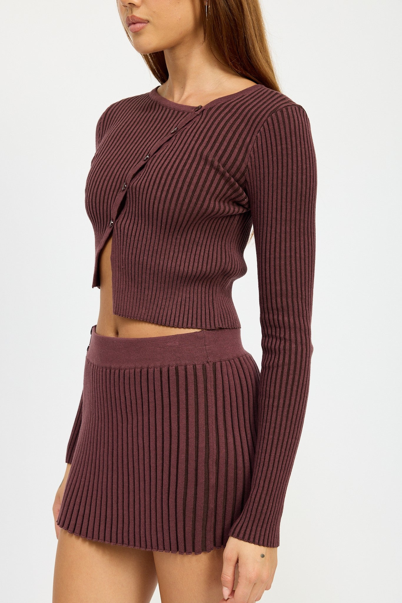 Ribbed Knit Asymmetrical Cardigan Top Clothing Emory Park PLUM S 