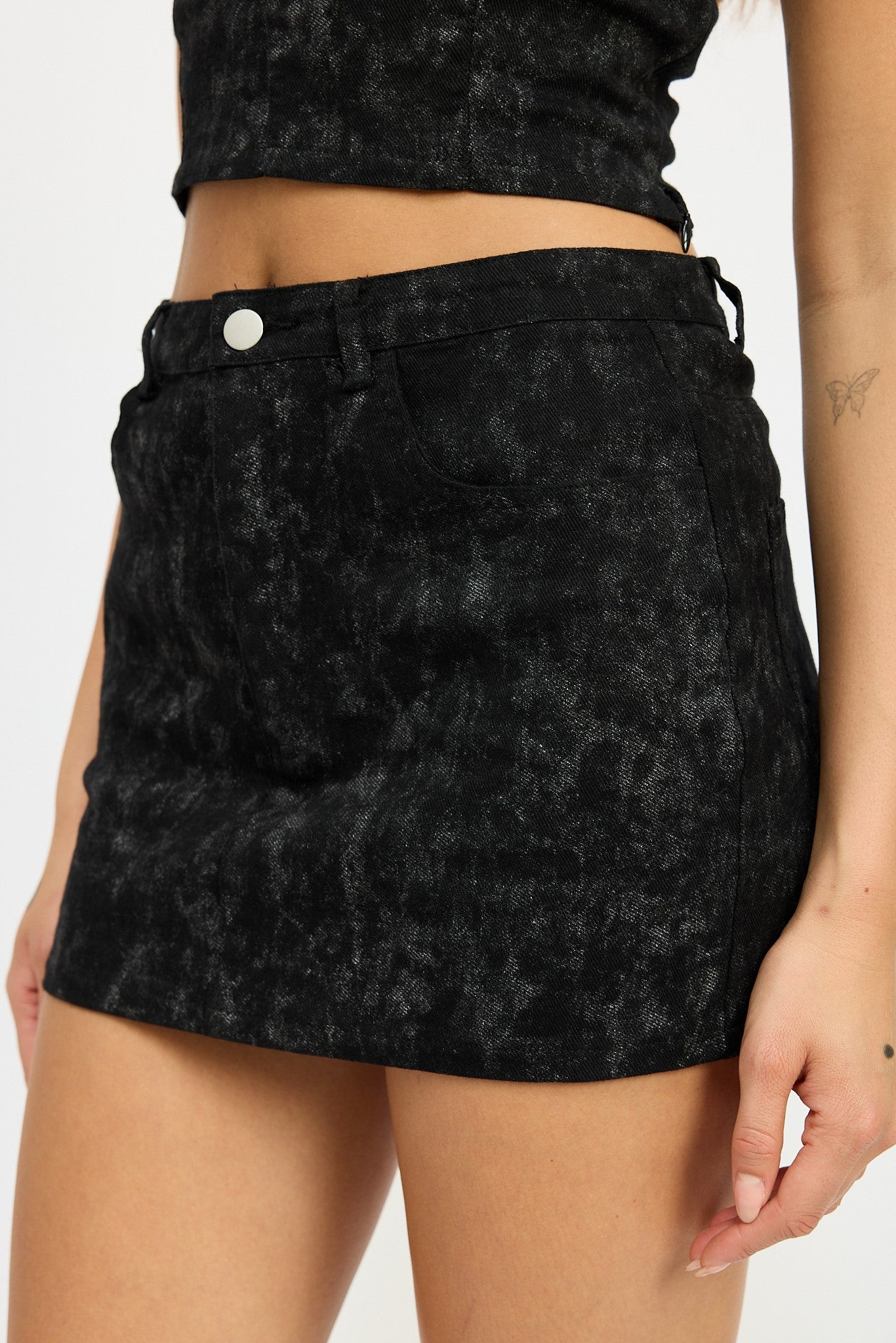 Washed Denim Print Mini Skirt Clothing Emory Park BLACK DENIM PRINT S 