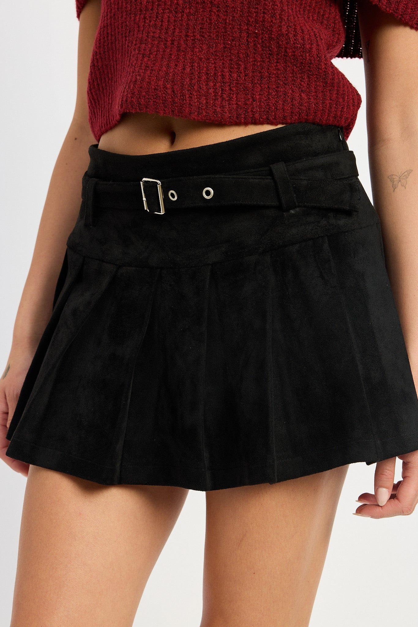 Pleated Suede Skort With Belt Clothing Emory Park BLACK S 