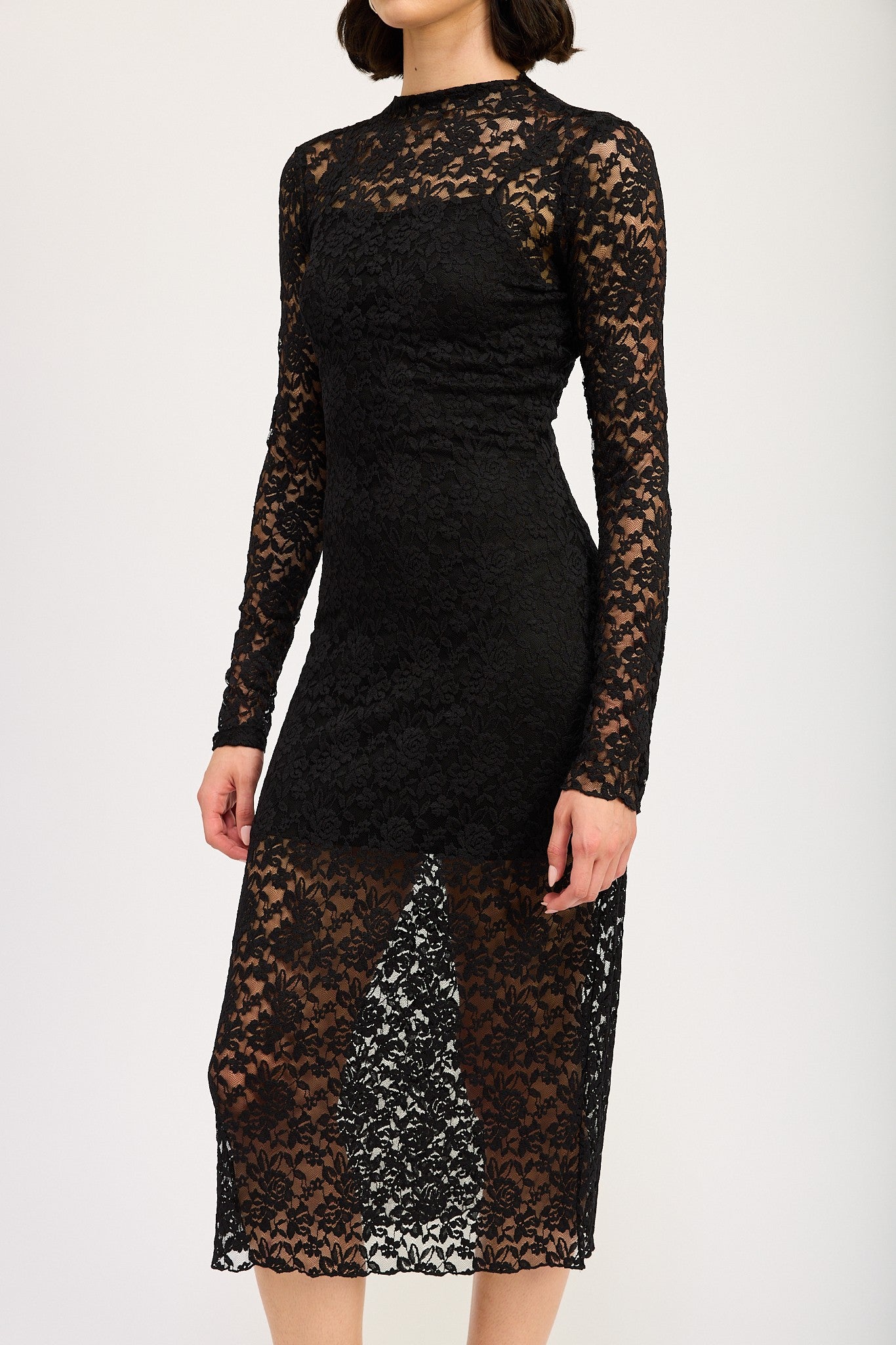 Mock Neck Midi Lace Dress Clothing Emory Park BLACK S 