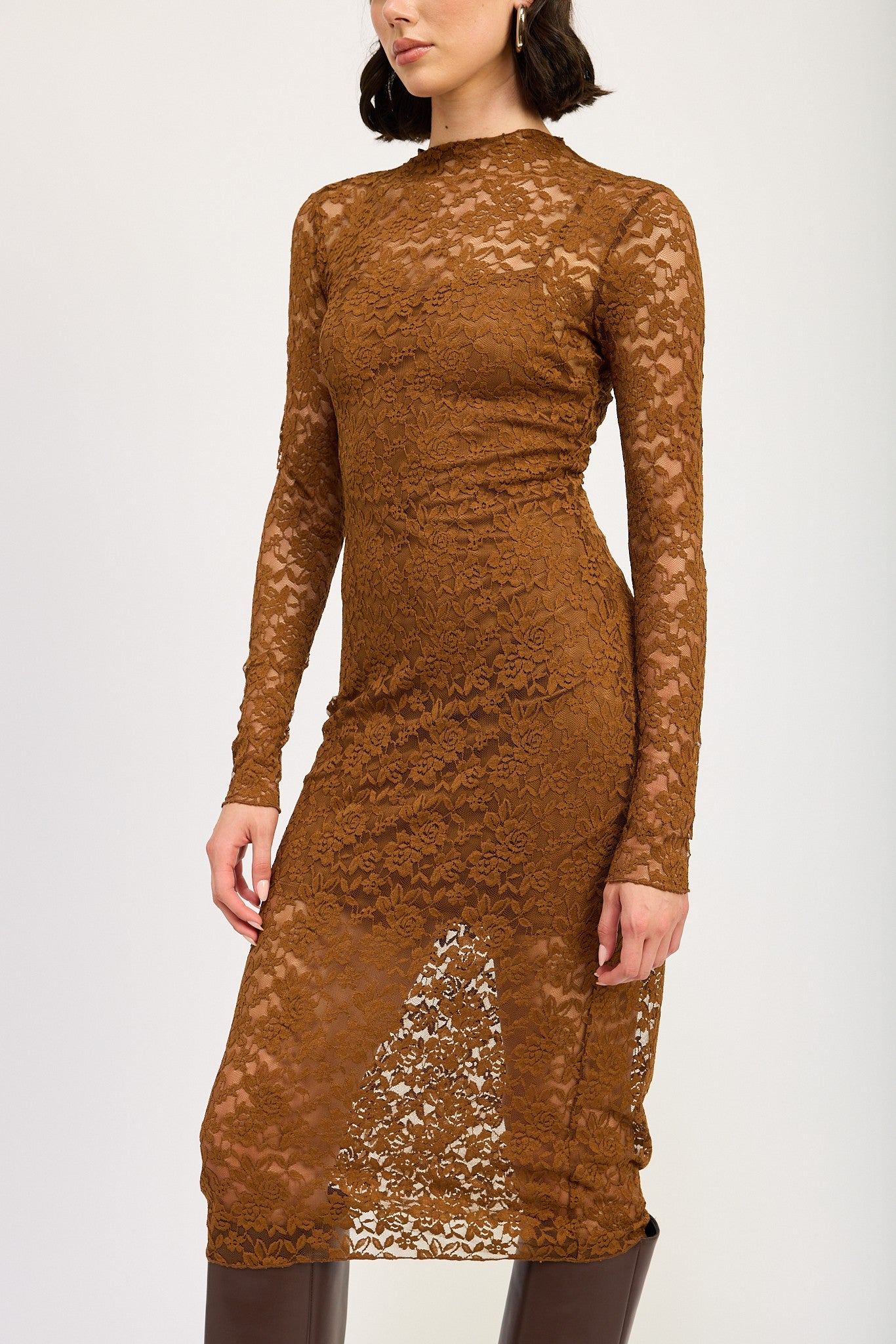 Mock Neck Midi Lace Dress Clothing Emory Park COFFEE S 