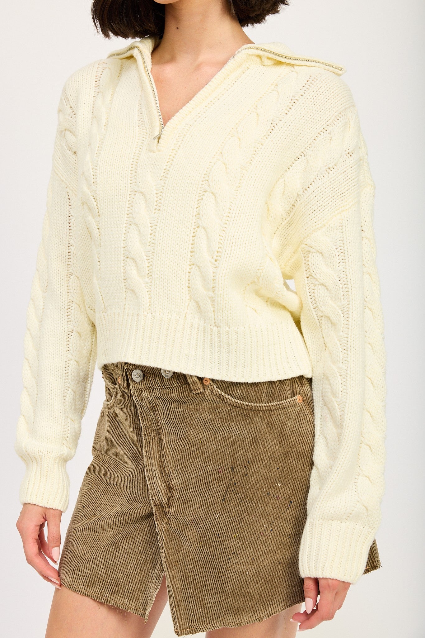 Cable Knit Sweater with Half Zip Clothing Emory Park CREAM S 