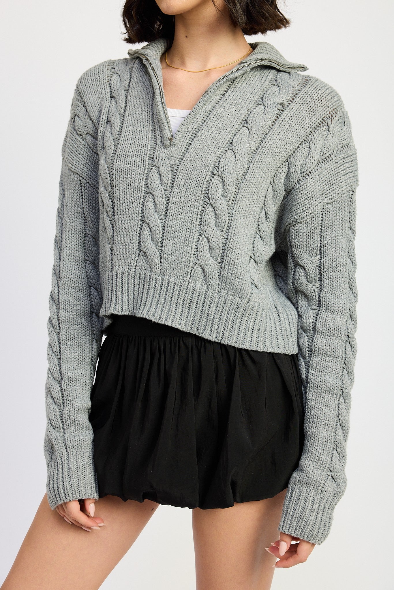 Cable Knit Sweater with Half Zip Clothing Emory Park GREY S 