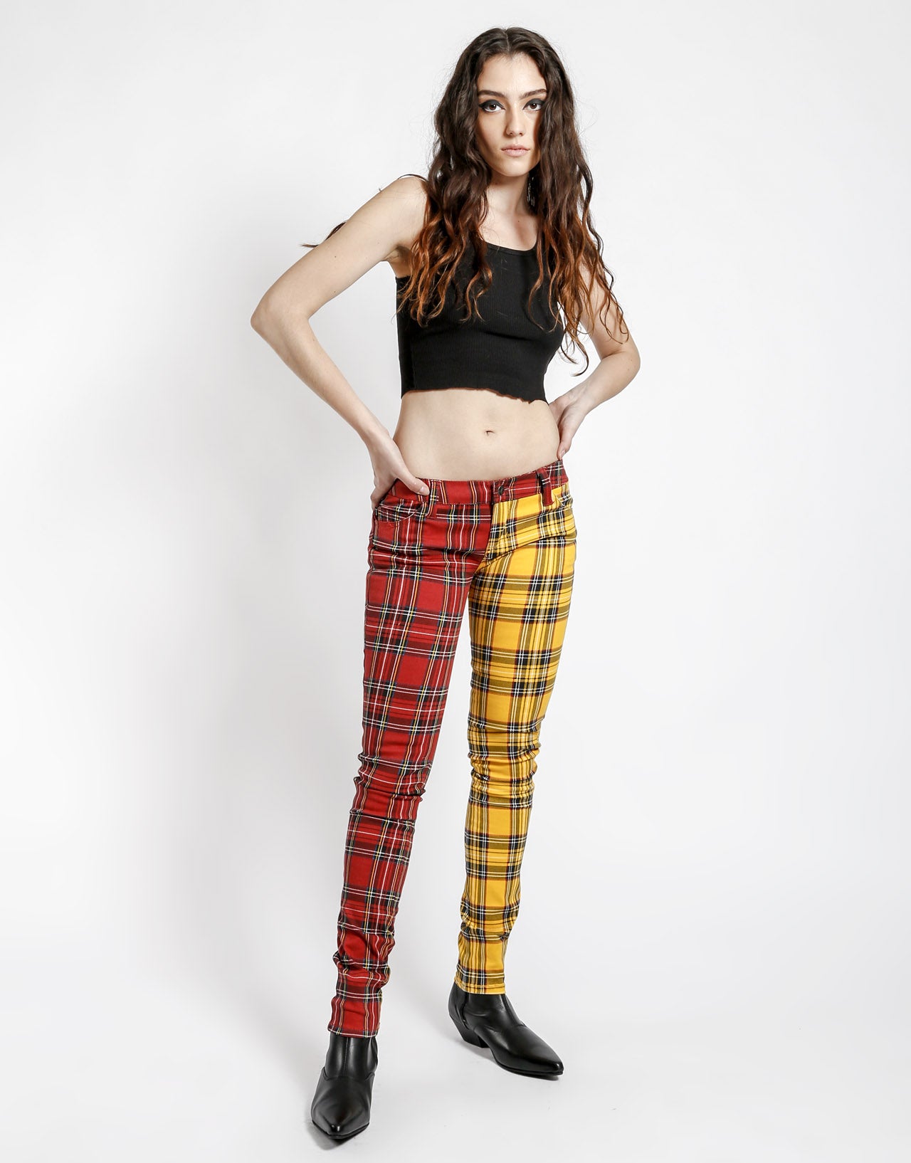 Split Red Tartan Hip Hugger Jeans Clothing Tripp NYC   