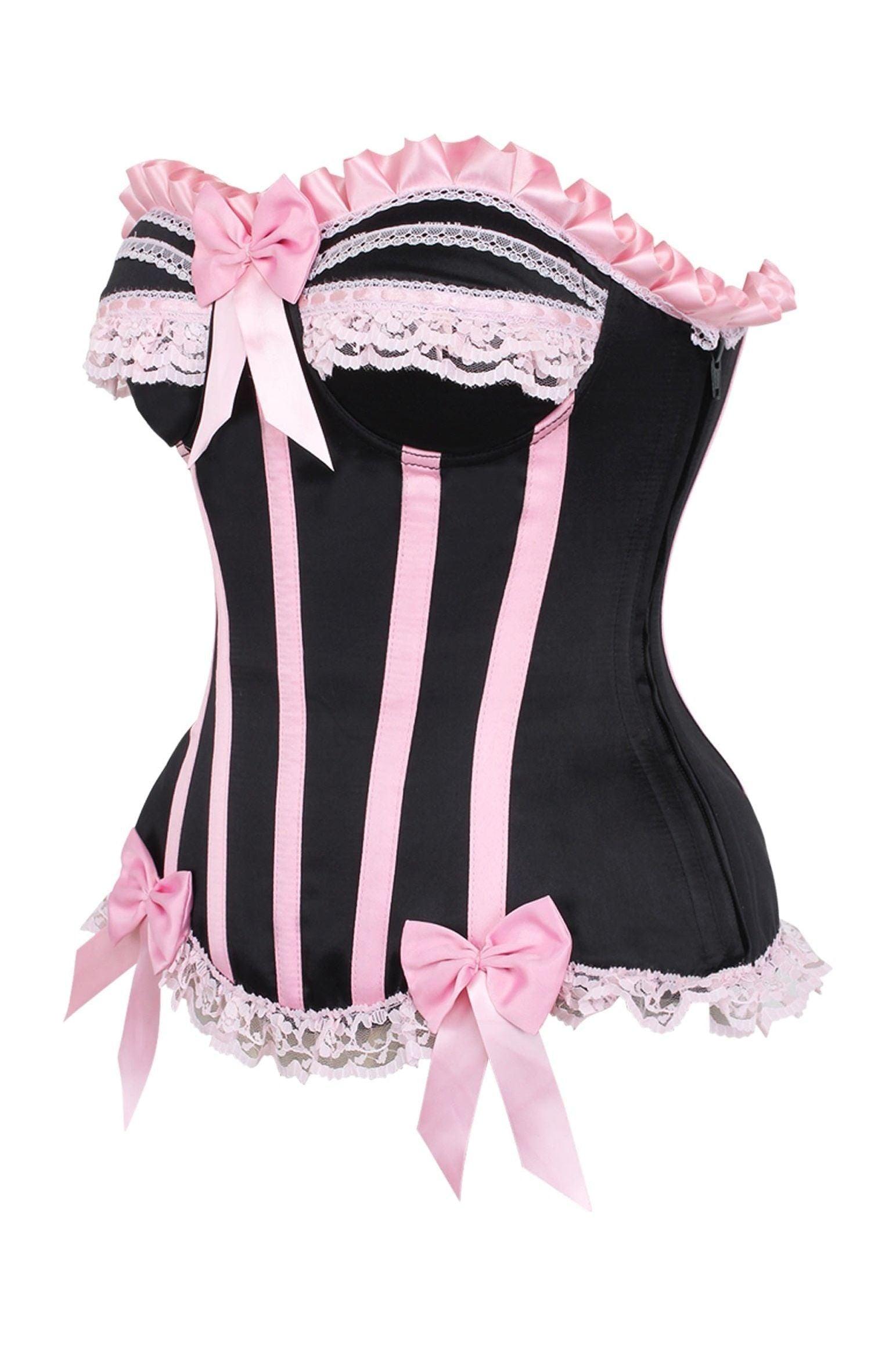 Black/Pink Satin Fullbust Corset Clothing The Melted Manor   